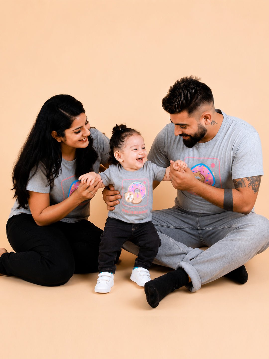 Insta Parents Grey Cotton Matching Family T-Shirt Twinning Combo Of 3
