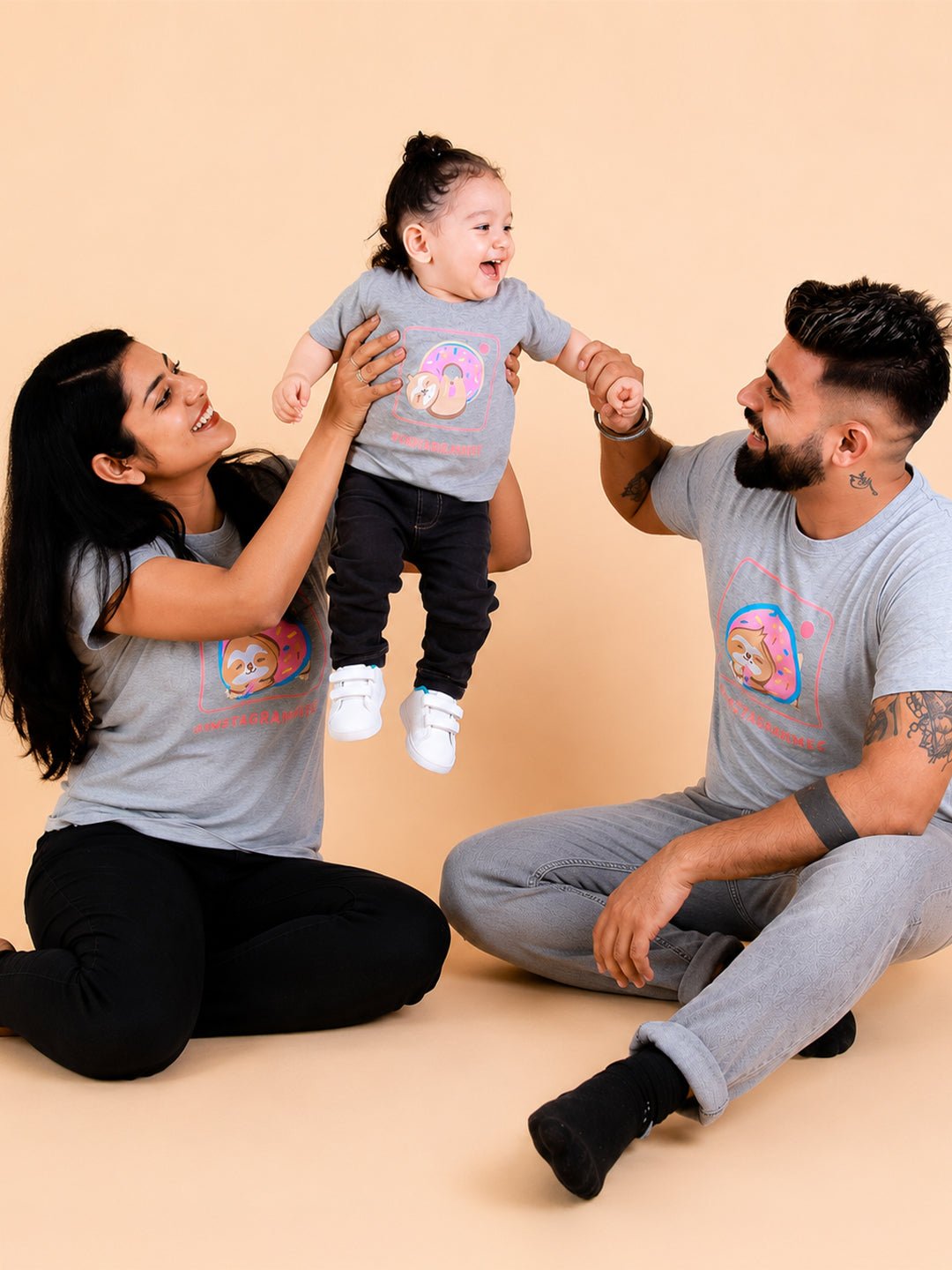 Insta Parents Grey Cotton Matching Family T-Shirt Twinning Combo Of 3