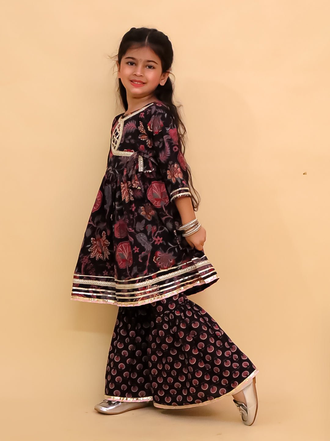 Kaali Katha Block Print Girls Anarkali Sharara Set