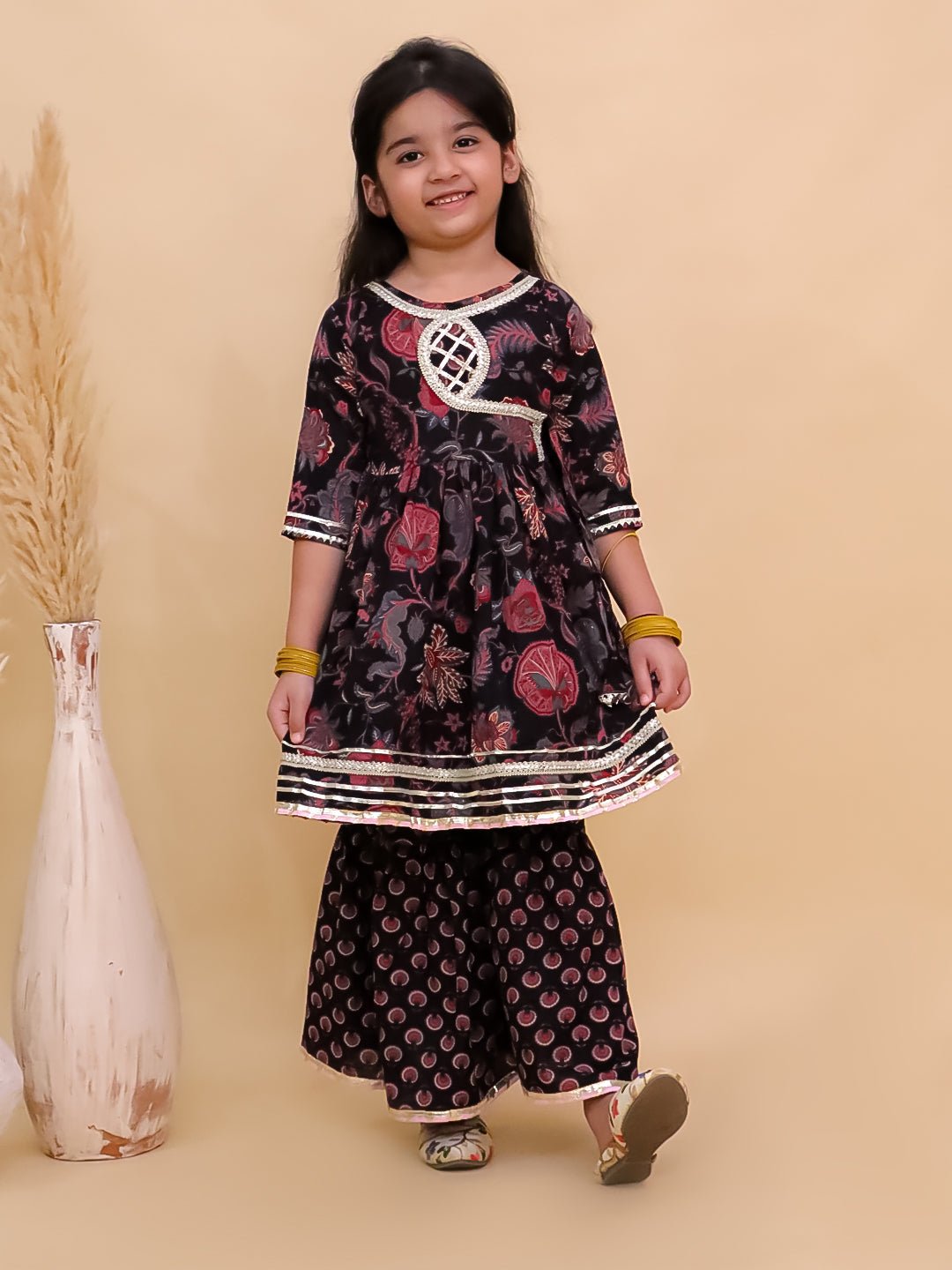 Kaali Katha Block Print Girls Anarkali Sharara Set