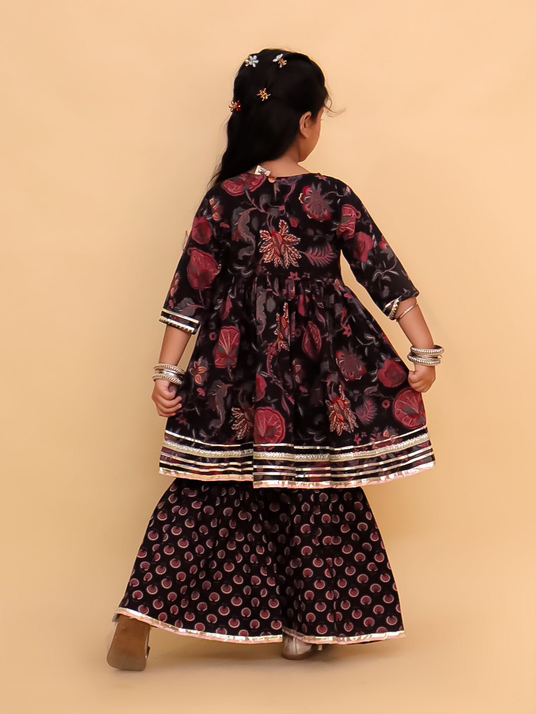 Kaali Katha Block Print Girls Anarkali Sharara Set