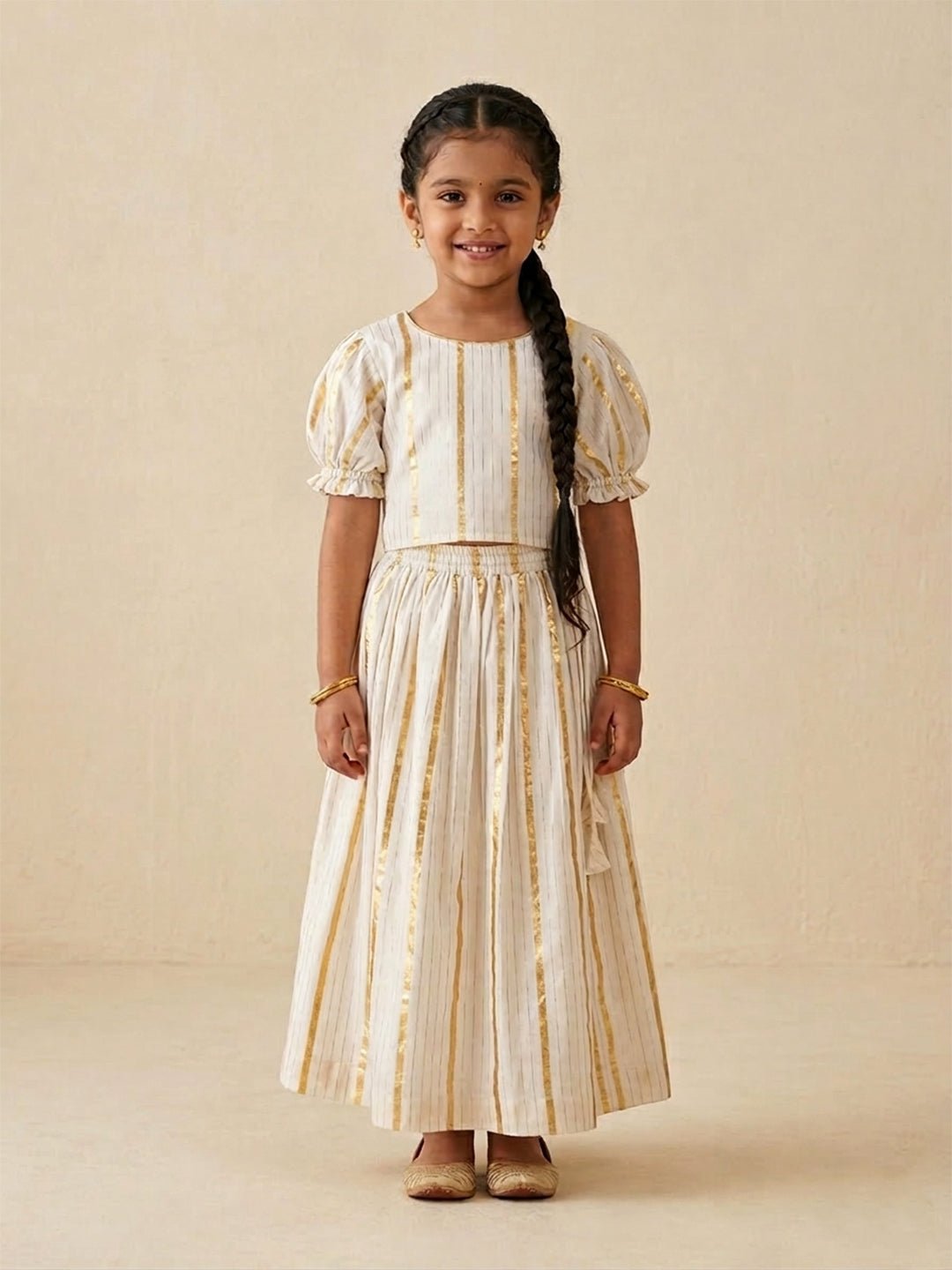 Kasavu Classic Off-White Pattu Pavada Skirt Set For Girls