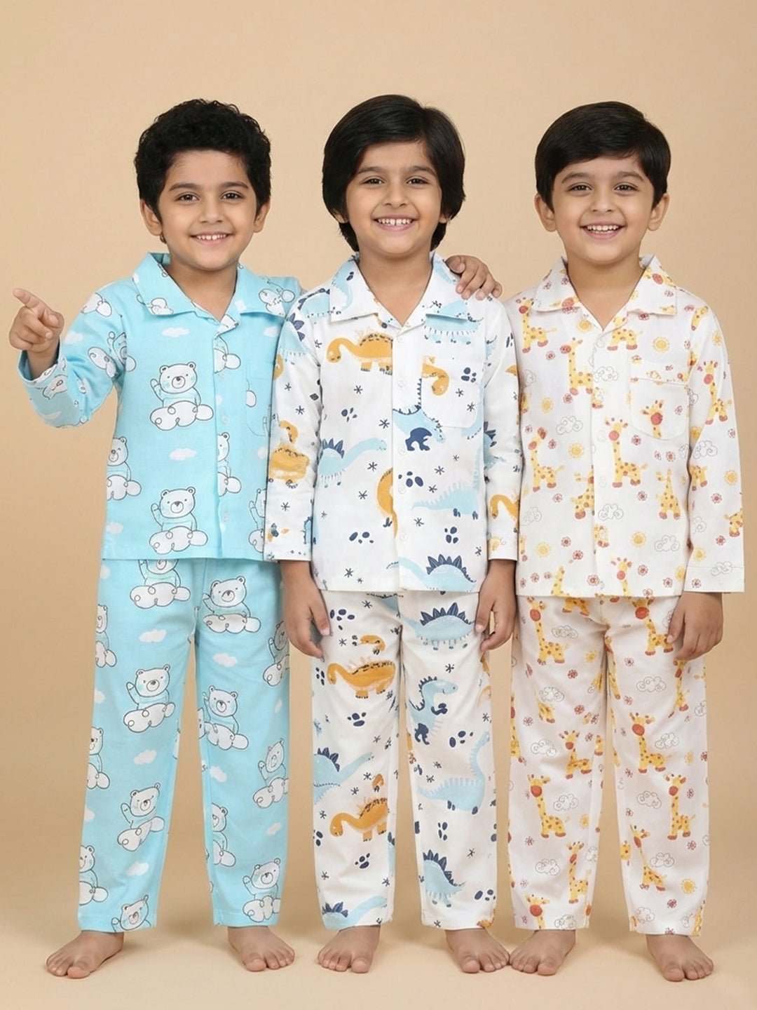 Multicolor Dino Bear Giraffe Printed Cotton Pajama Nightsuit Set For Kids