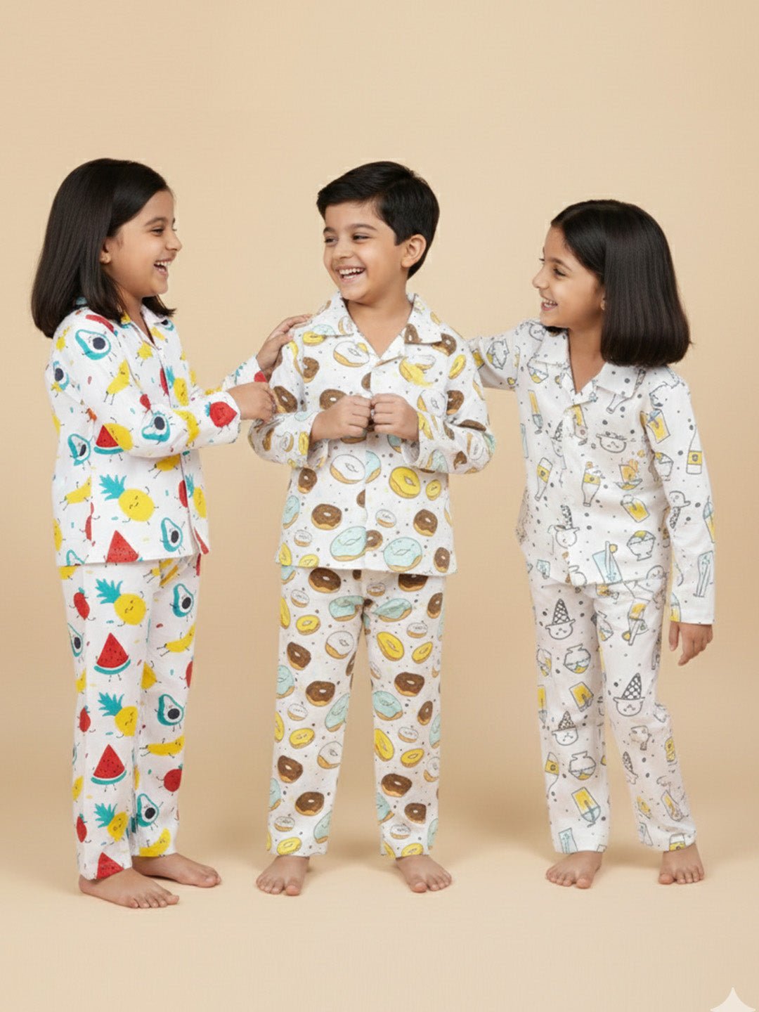 Multicolor Fruity Cutie Smoothie Doughnut Pajama Set For Kids