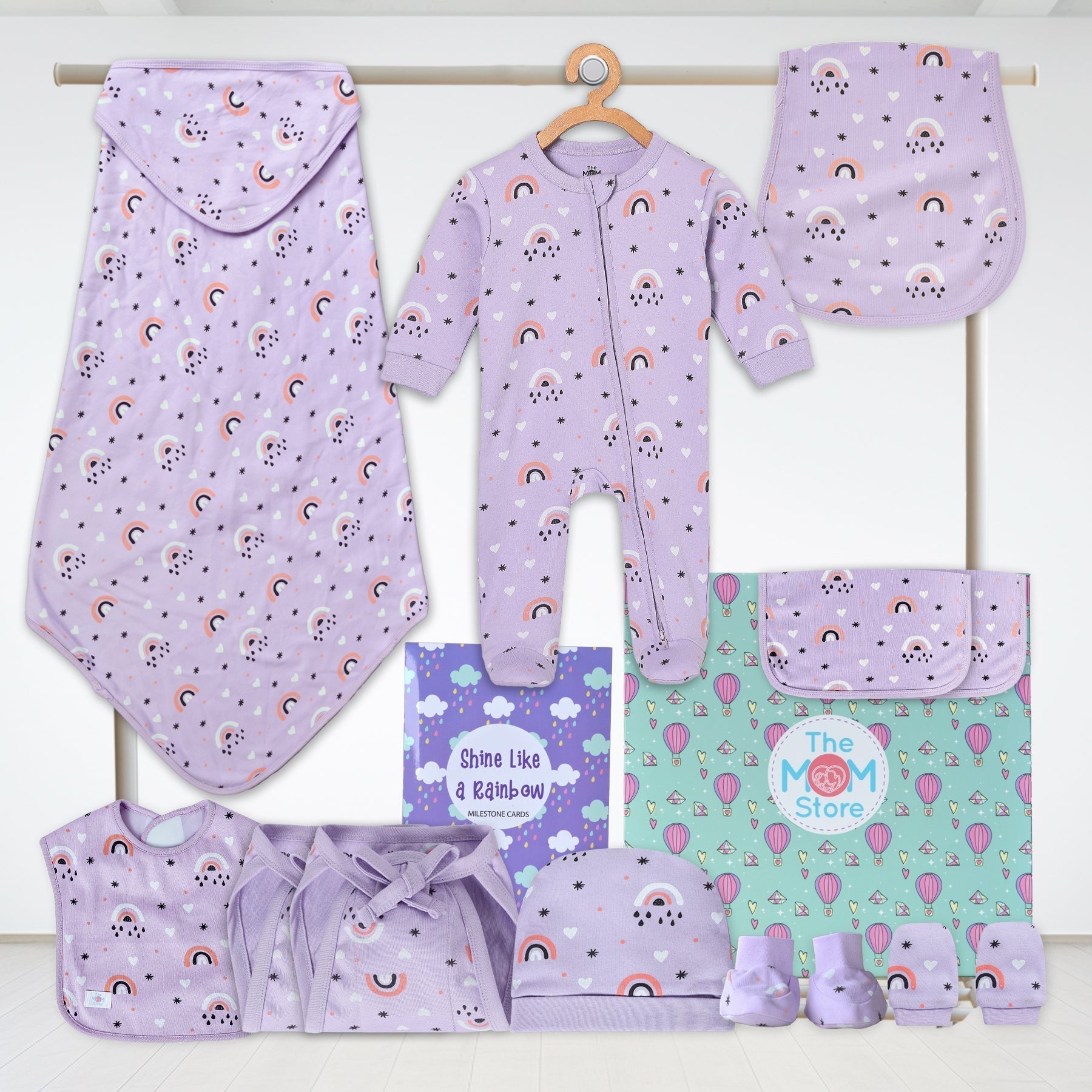 Lavender Pixie 11 PCS Newborn Baby Gift Box With Romper And Milestone Cards