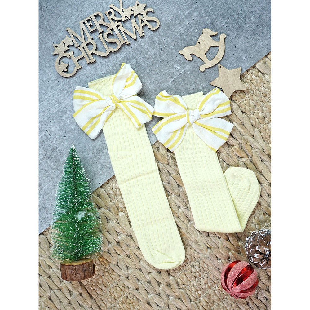 Little Surprise Box Lemon Yellow Striped 3d Big Bow Socks For Kids