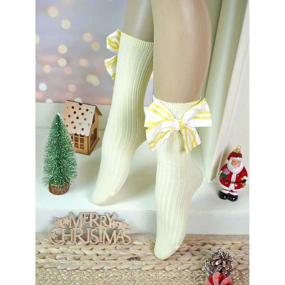 Little Surprise Box Lemon Yellow Striped 3d Big Bow Socks For Kids