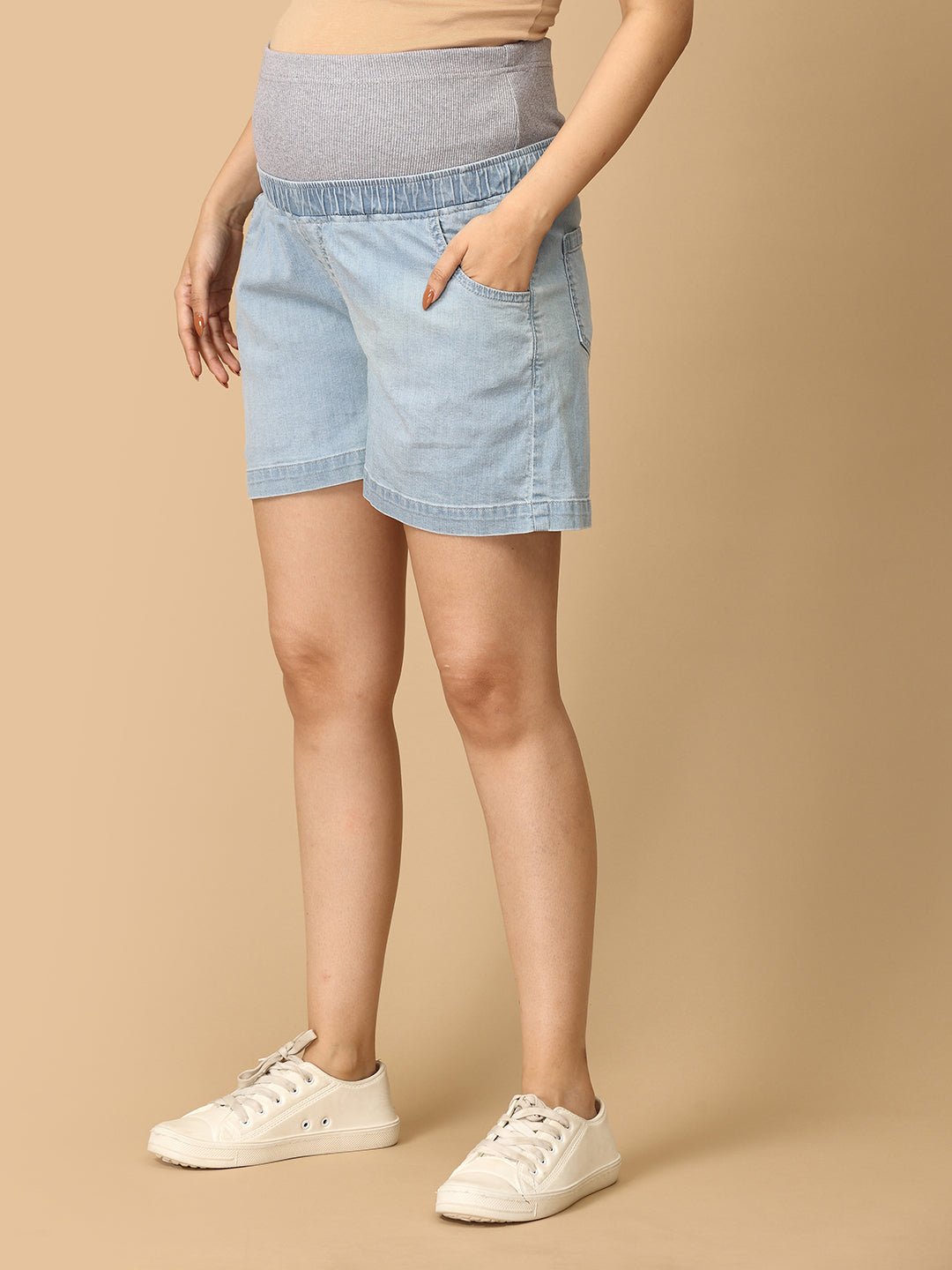 Knit Maternity Denim Shorts with Belly Support Light Blue