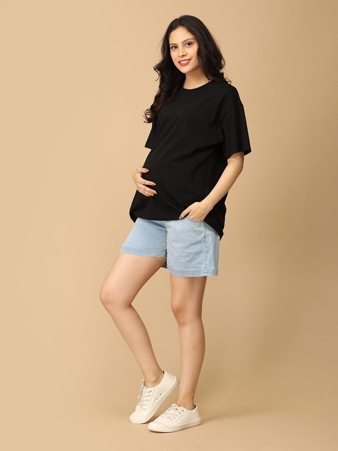 Knit Maternity Denim Shorts with Belly Support Light Blue