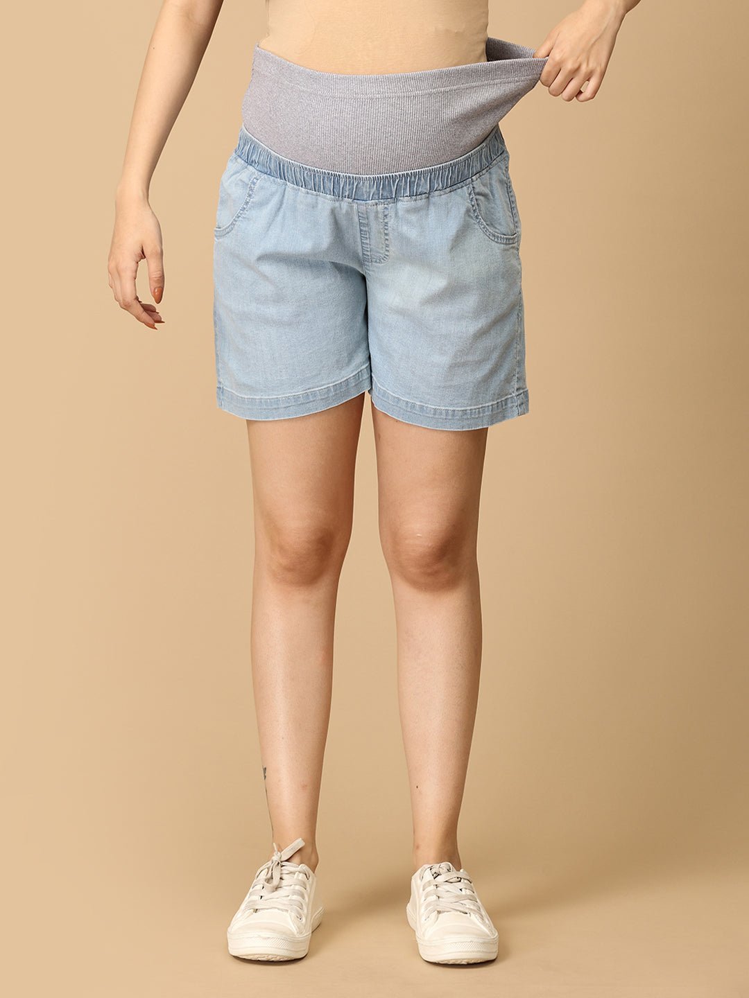 Knit Maternity Denim Shorts with Belly Support Light Blue