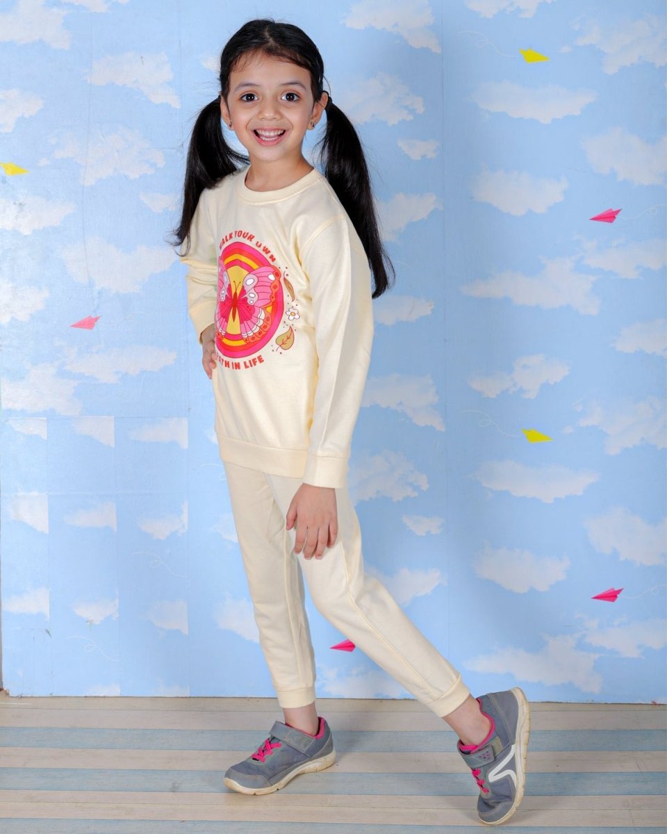 Beige Li'l Butterfly Jogger Set For Girls