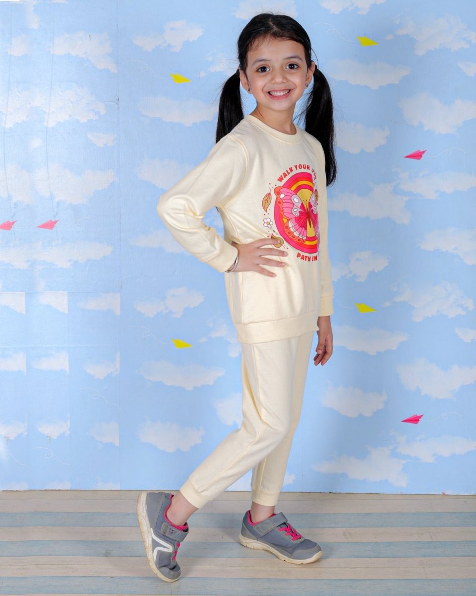 Beige Li'l Butterfly Jogger Set For Girls