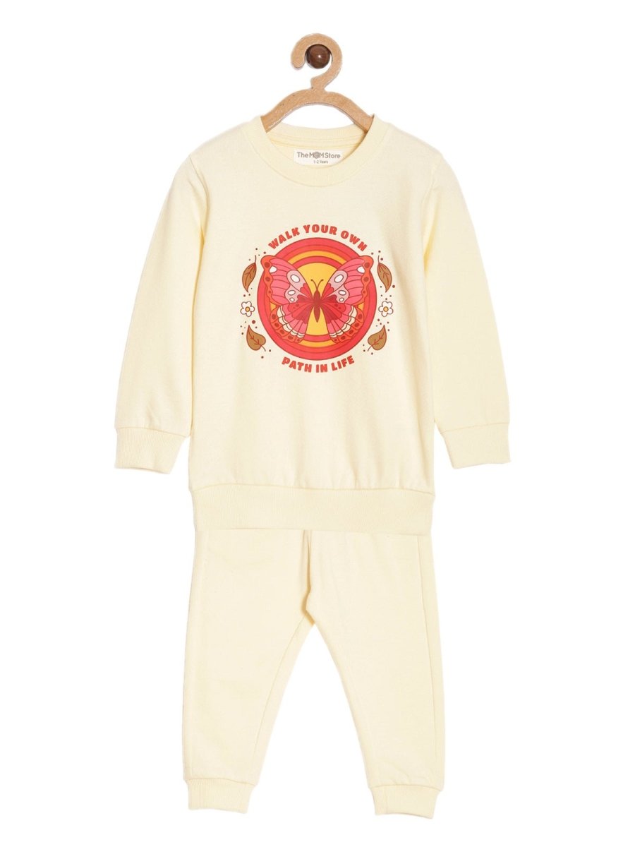 Beige Li'l Butterfly Jogger Set For Girls