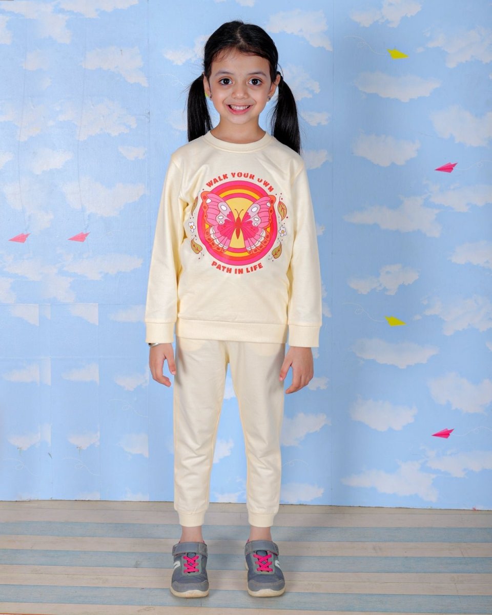Beige Li'l Butterfly Jogger Set For Girls