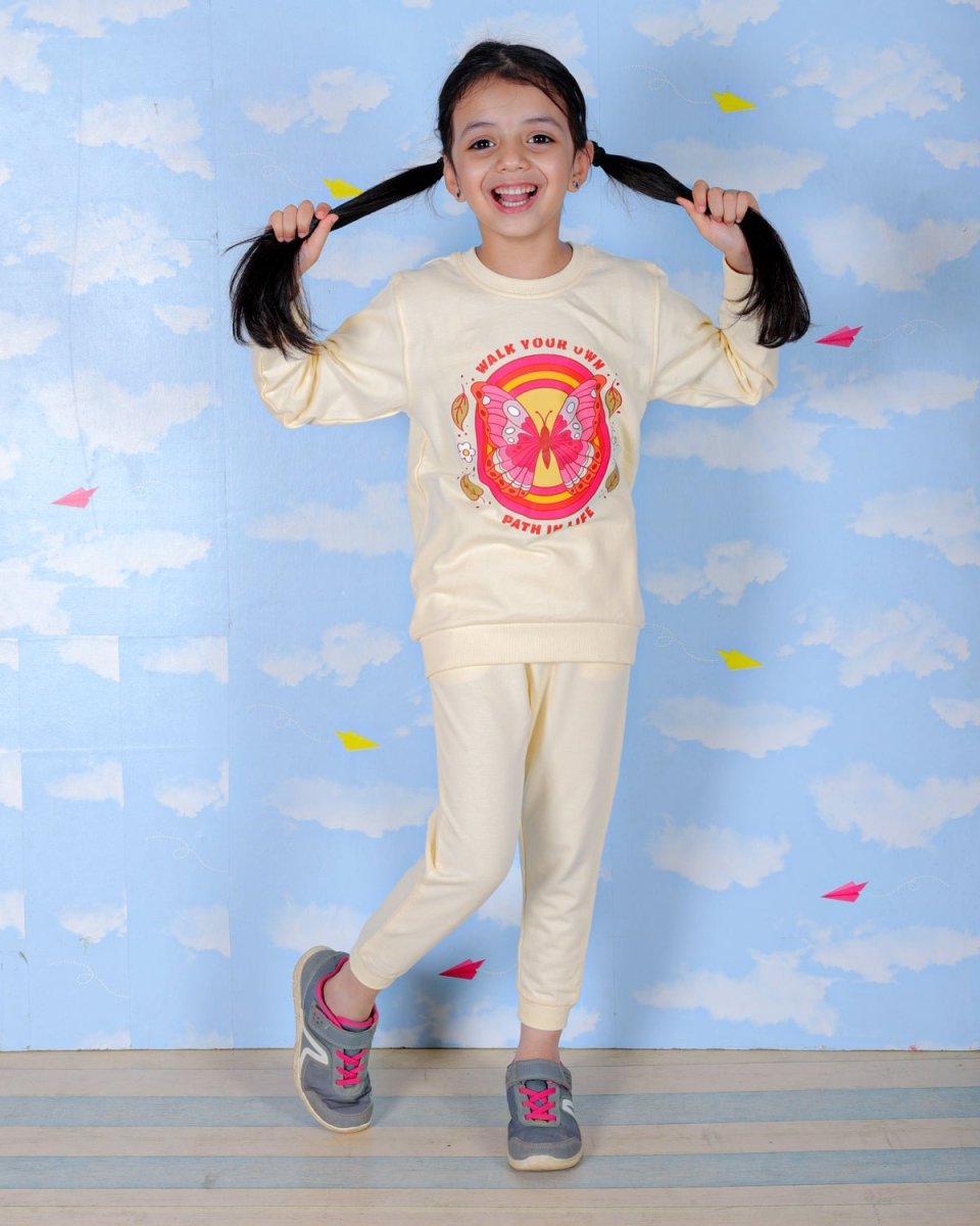 Beige Li'l Butterfly Jogger Set For Girls