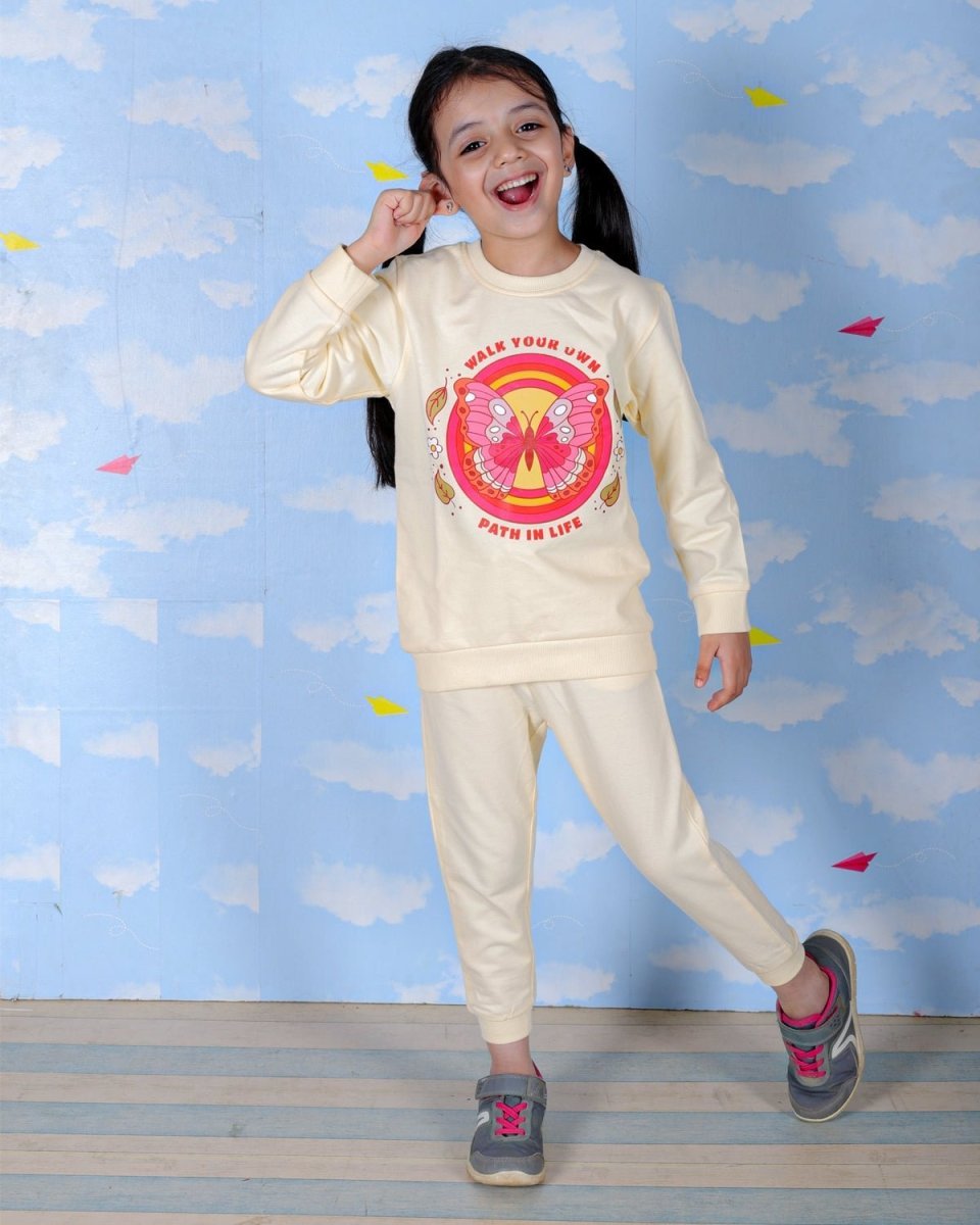 Beige Li'l Butterfly Jogger Set For Girls
