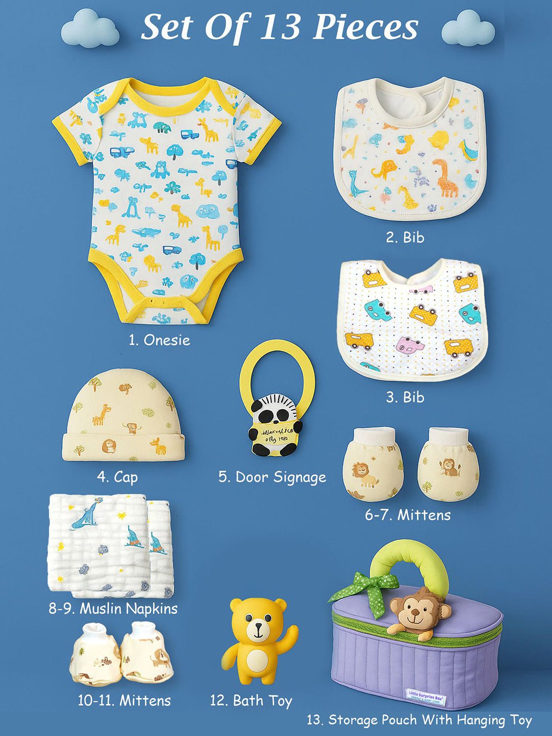 Blue Monkey 13 PCS Newborn Baby Boy Gift Box With Pouch And Toy