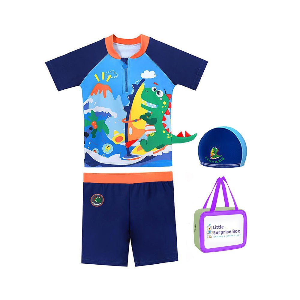 Blue 3D Dino Surfer Kids 2pcs Shirt and Shorts Set UPF 50+ Swimwear With Free Swim Bag