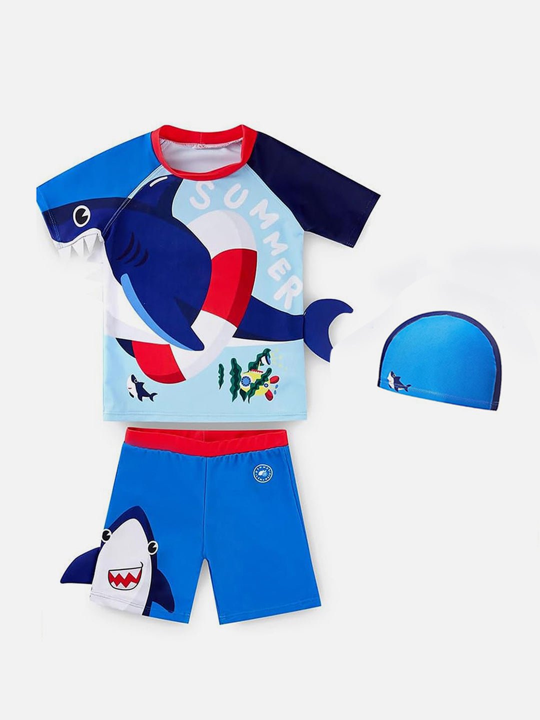 Red & Blue 3D Whale Printed Kids UPF 50+ 2pcs Swimwear With Matching Swim Cap