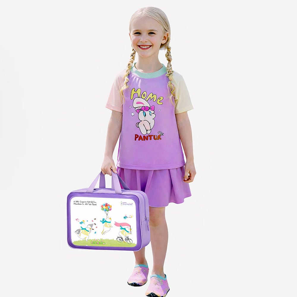 Purple Rabbit Printed Girls 2pcs Top and Skort Set UPF 50+ Swimwear With Free Washbag