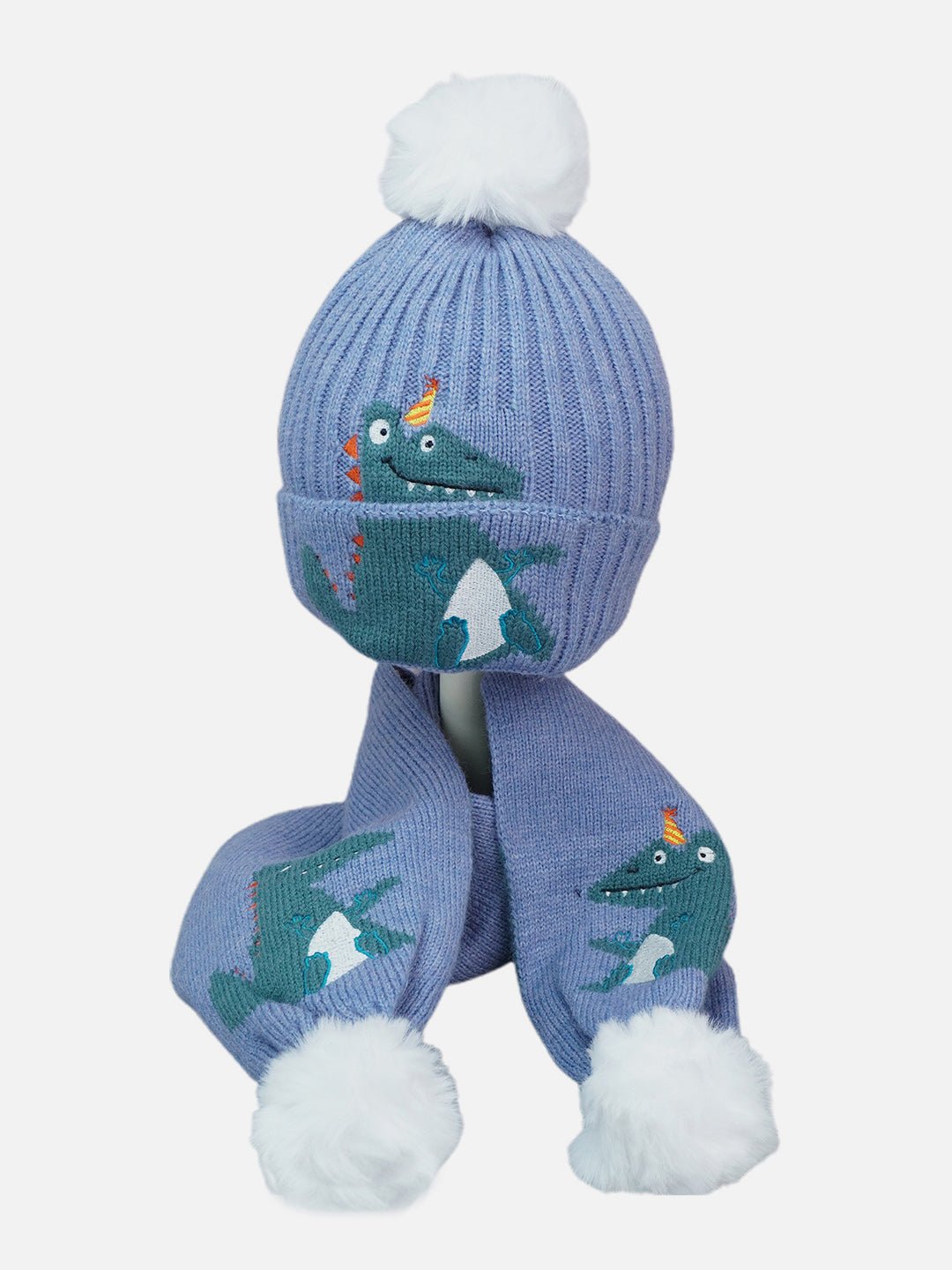 Little Surprise Box Blue Party Dino Winter Cap Long Neck Muffler Set