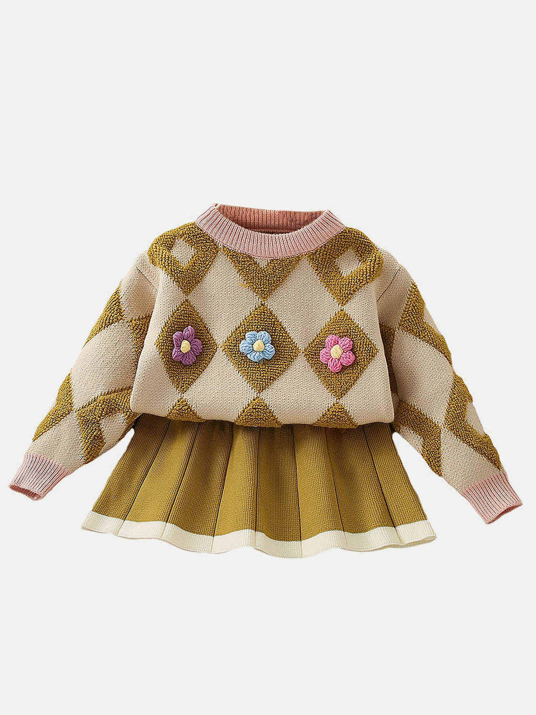 Little Surprise Box Occur Diamond Floral Cardigan And Skirt Winterwear Set For Girls