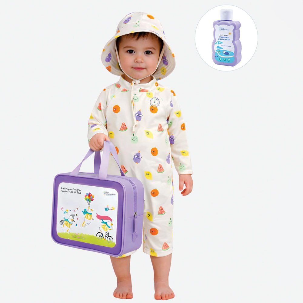Beige Fruit Emoji Printed Kids Knee Length UPF Swimwear With Free Washbag