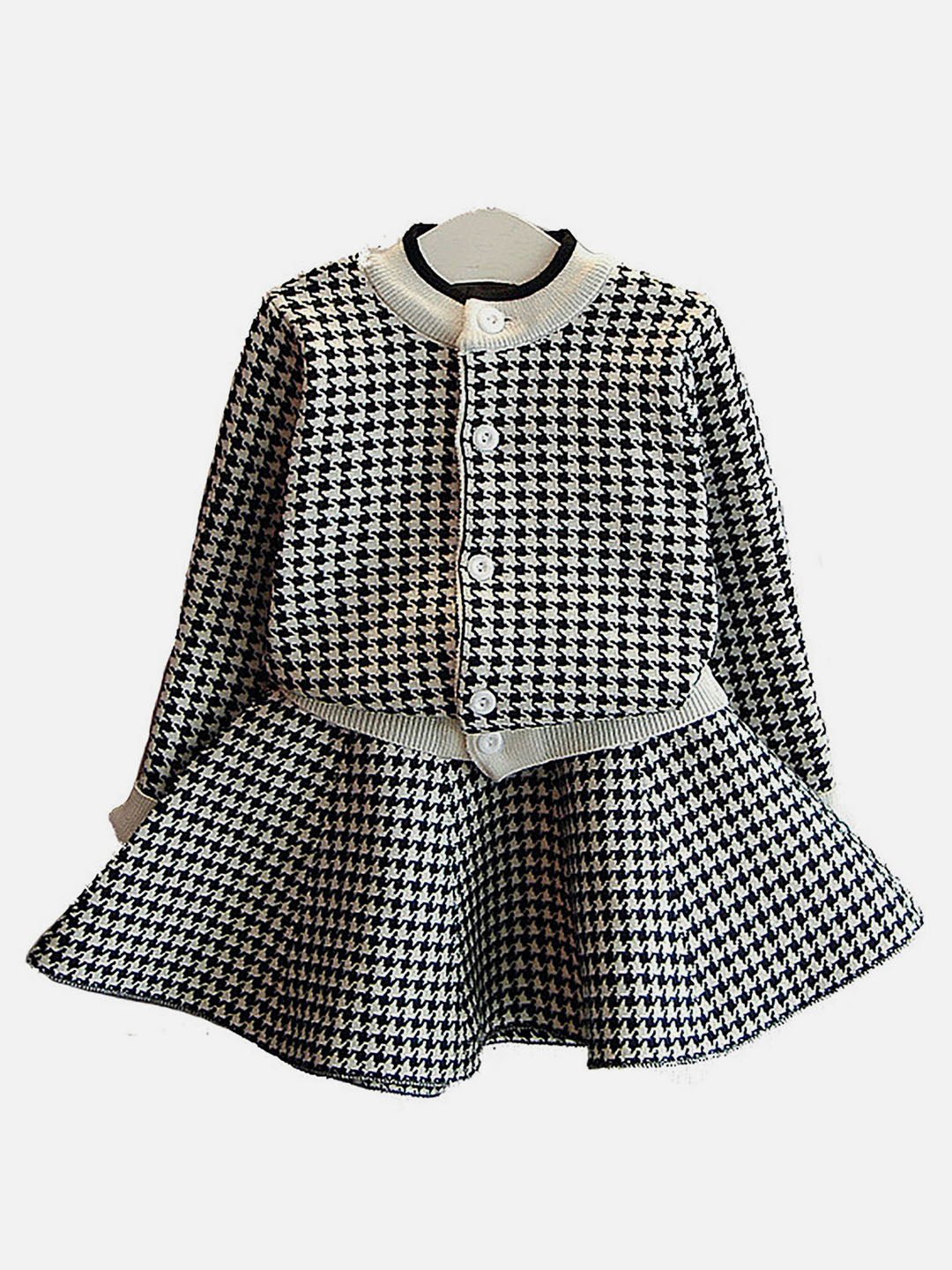 Little Surprise Box Black Houndstooth 2 Pcs Cardigan & Skirt Winterwear Set For Girls