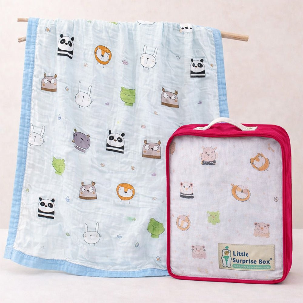 Blue Animal Kingdom 1 PC Kids Muslin Cotton Hooded Winter Wrapper With Free Storage Pouch
