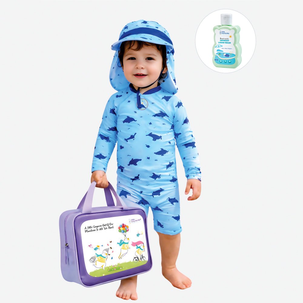 Blue Dolphin Printed Kids Full Length Swimwear With Free Swim Bag