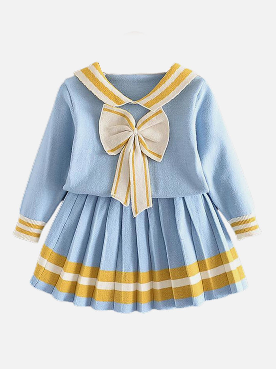 Little Surprise Box Blue Ochre Pleated Bow Skirt Winterwear Set For Girls
