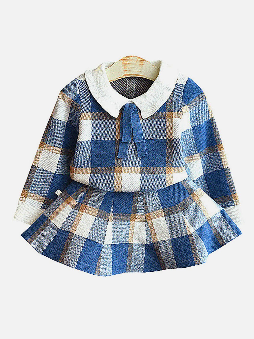 Little Surprise Box Blue Plaid Peter Pan Collar Sweatshirt Skirt Winterwear Set For Girls