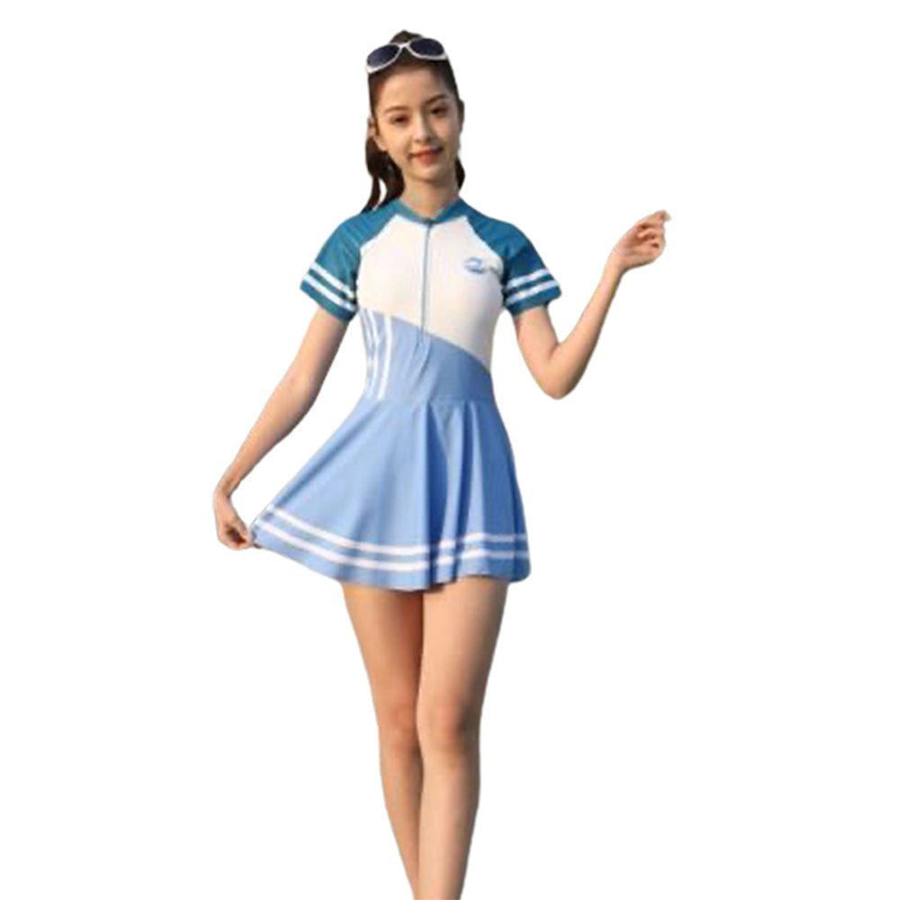 Color Block Girls Frock Style Polyester Spandex Swimwear