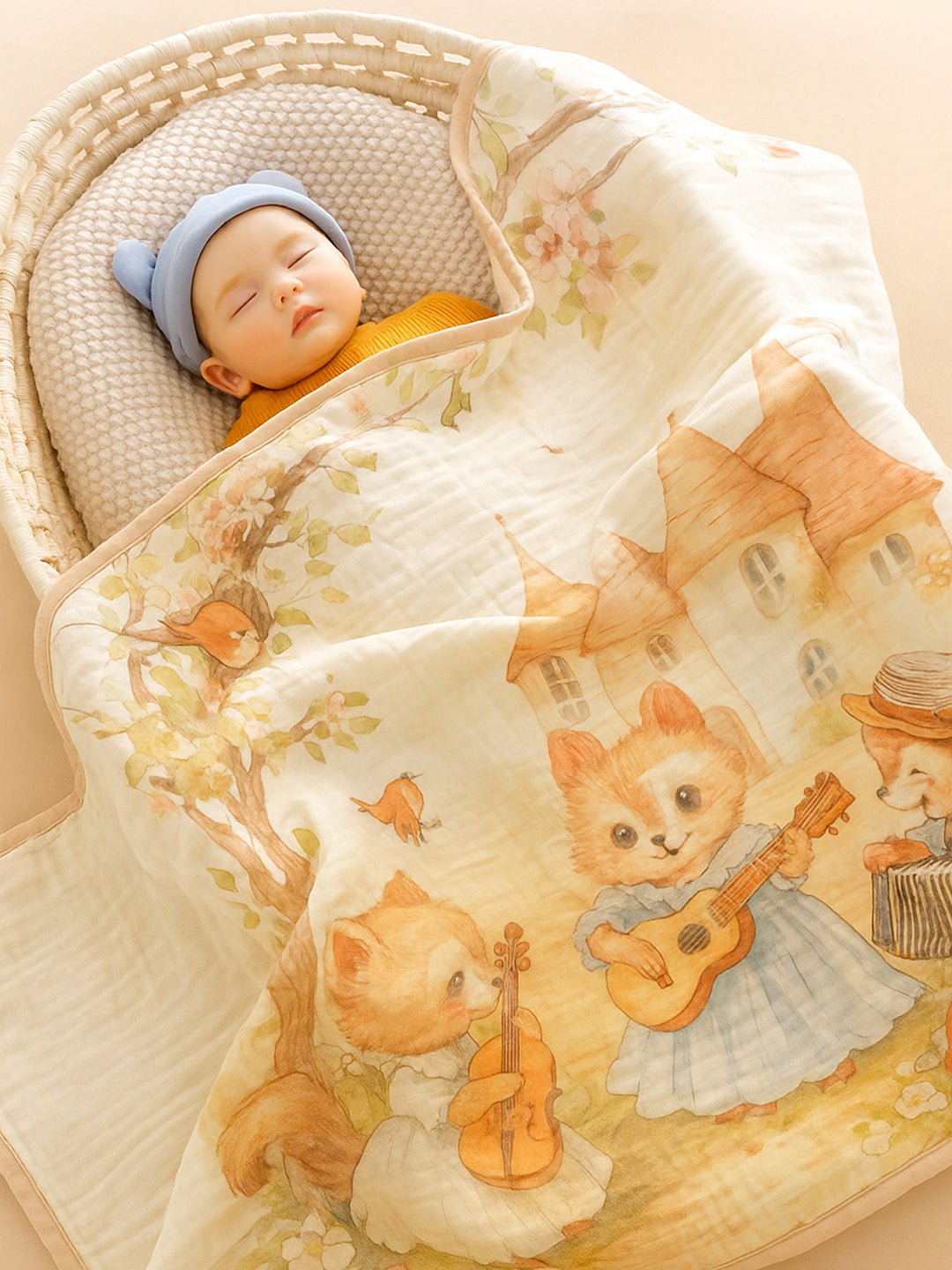 Musical Fox 1 PC Cotton Muslin Baby Blanket With Breathable Fabric