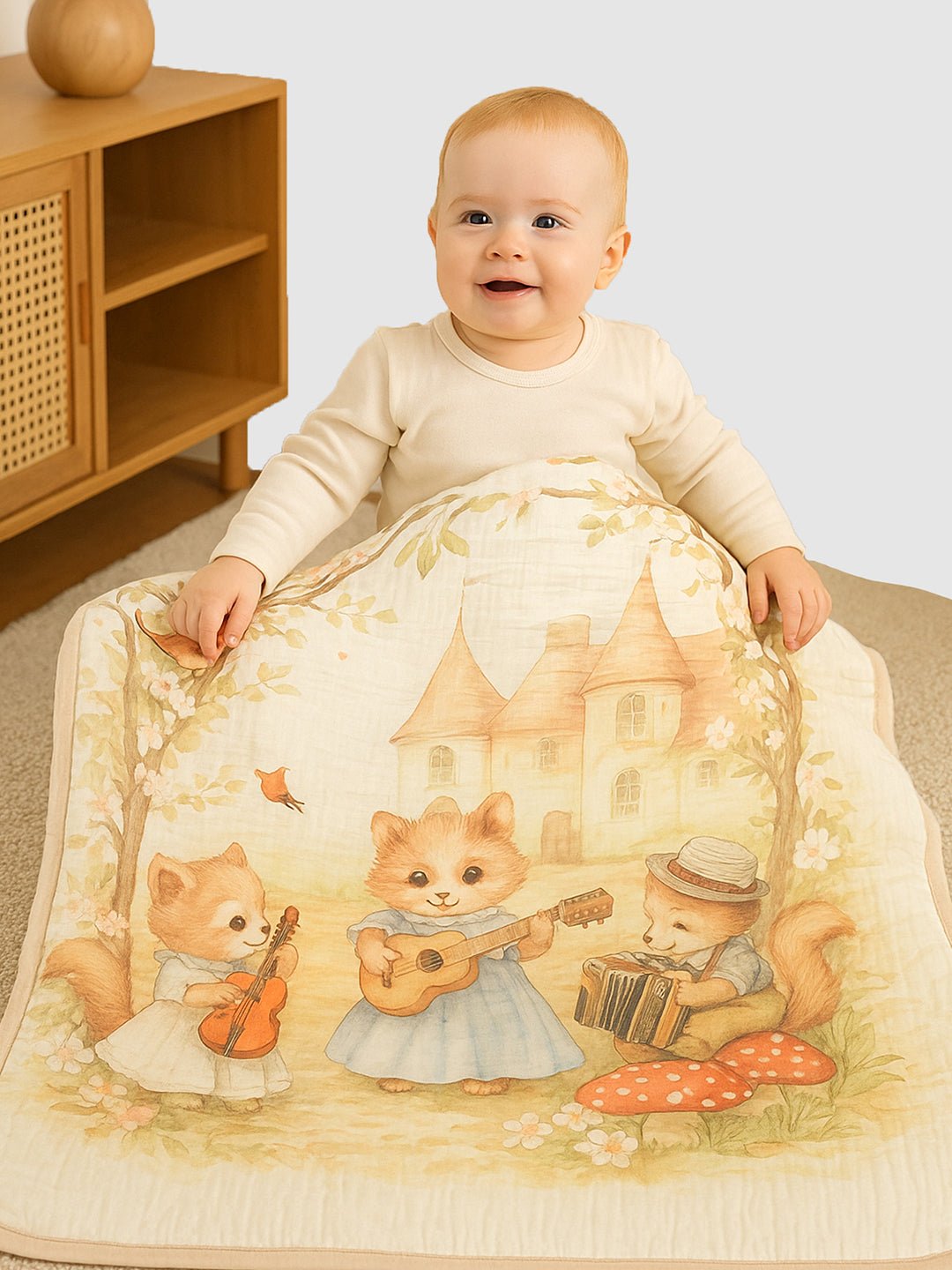 Woodland Fox 1 PC Kids Cotton Muslin Dohar With Hand Screen Print