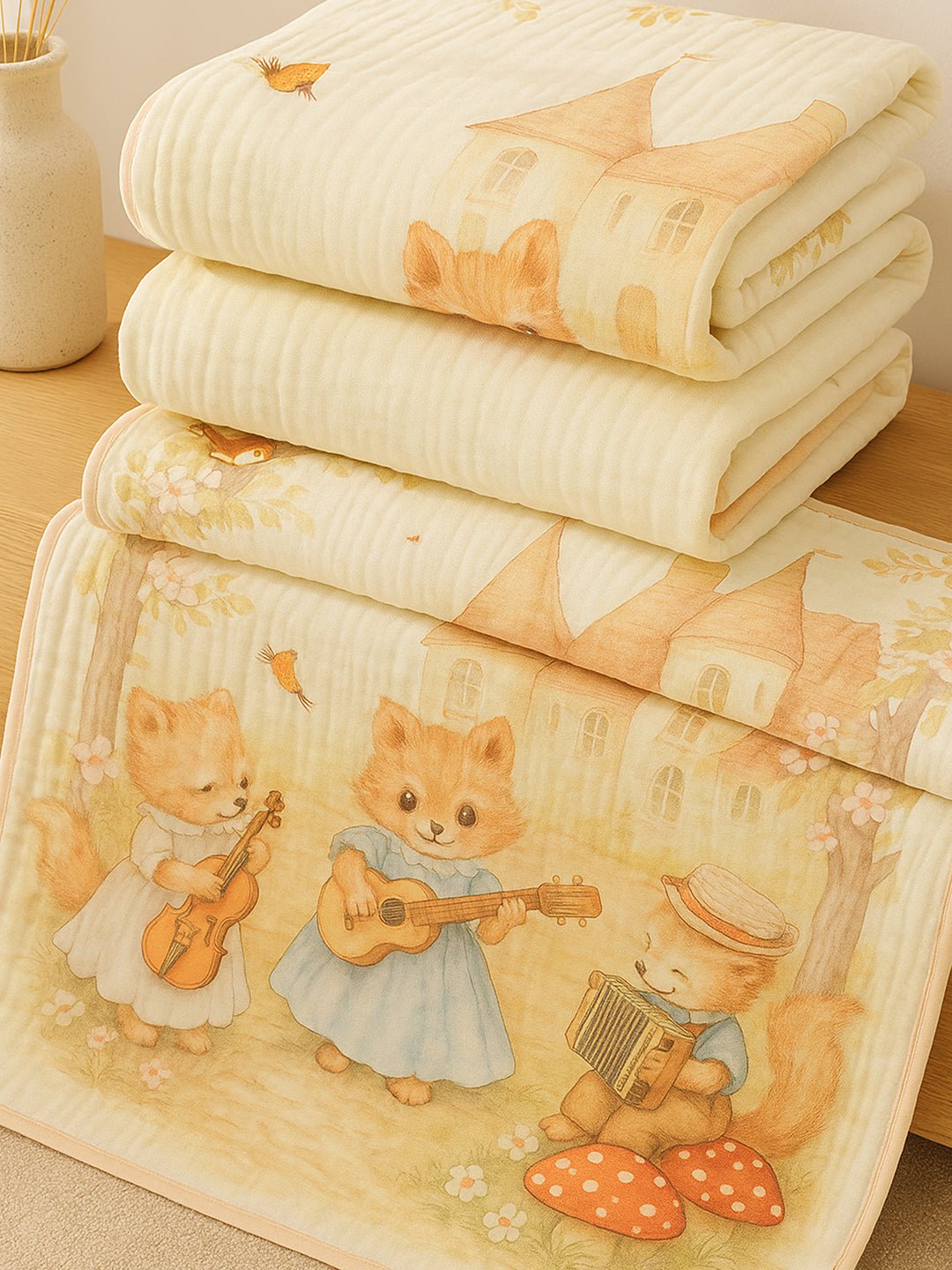 Musical Fox 1 PC Cotton Muslin Baby Blanket With Breathable Fabric
