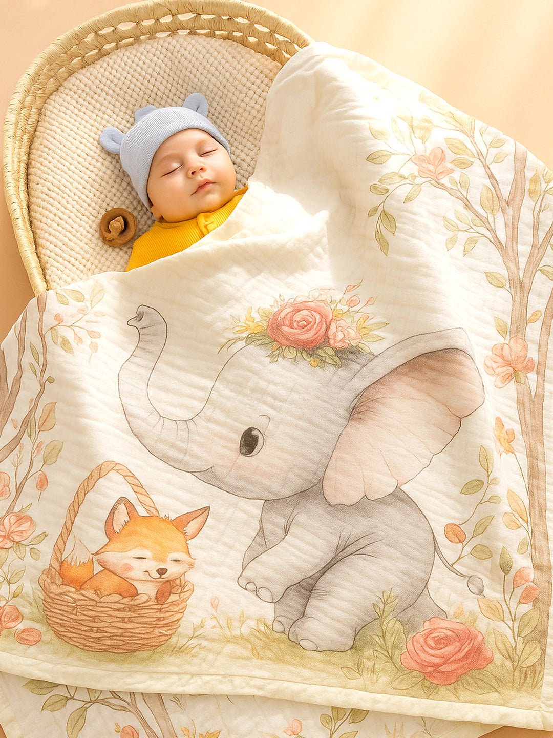 Musical Fox 1 PC Cotton Muslin Baby Blanket With Breathable Fabric