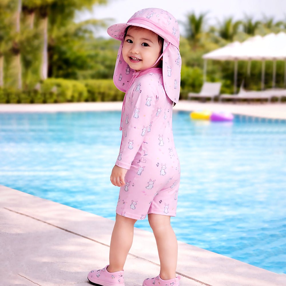 Pink Cloud Rabbit Printed Kids 2-Piece UPF Swimwear With Free Washbag