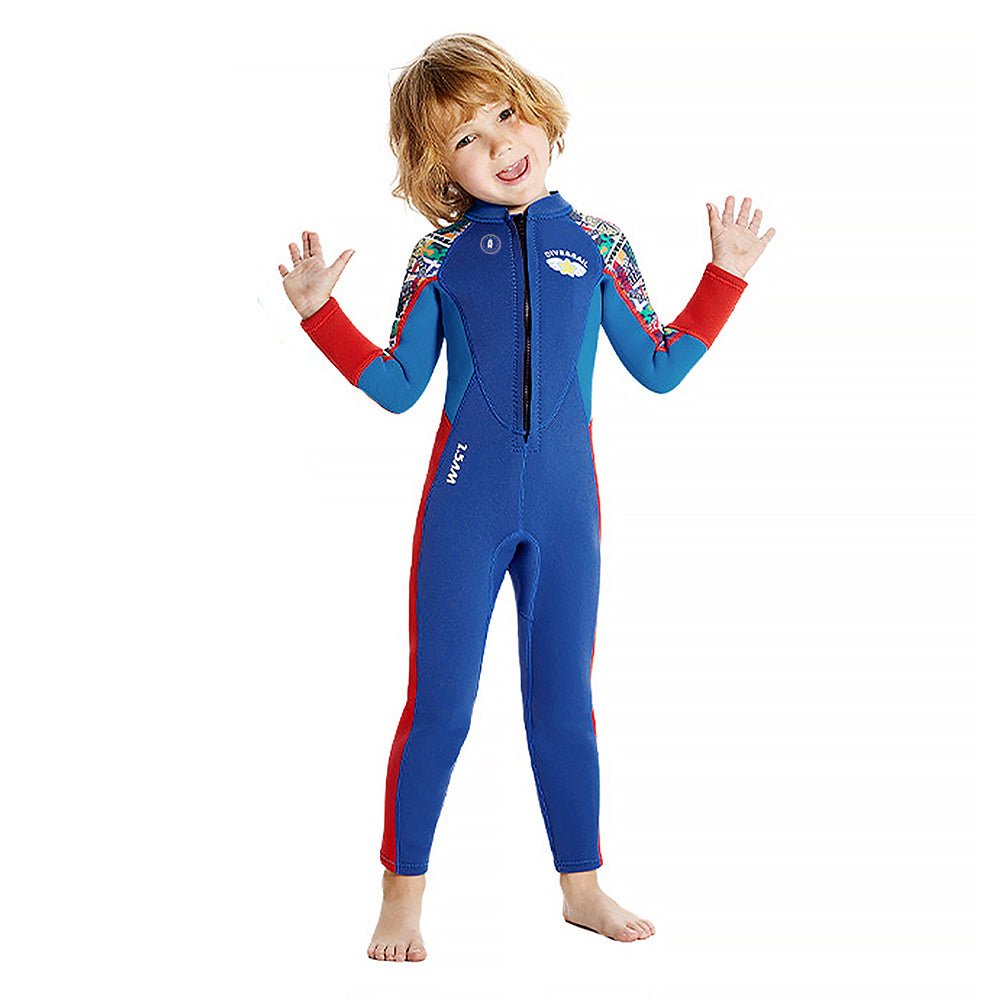 Cobalt & Red Stamp Printed Kids Full Length Swimsuit With Free Washbag