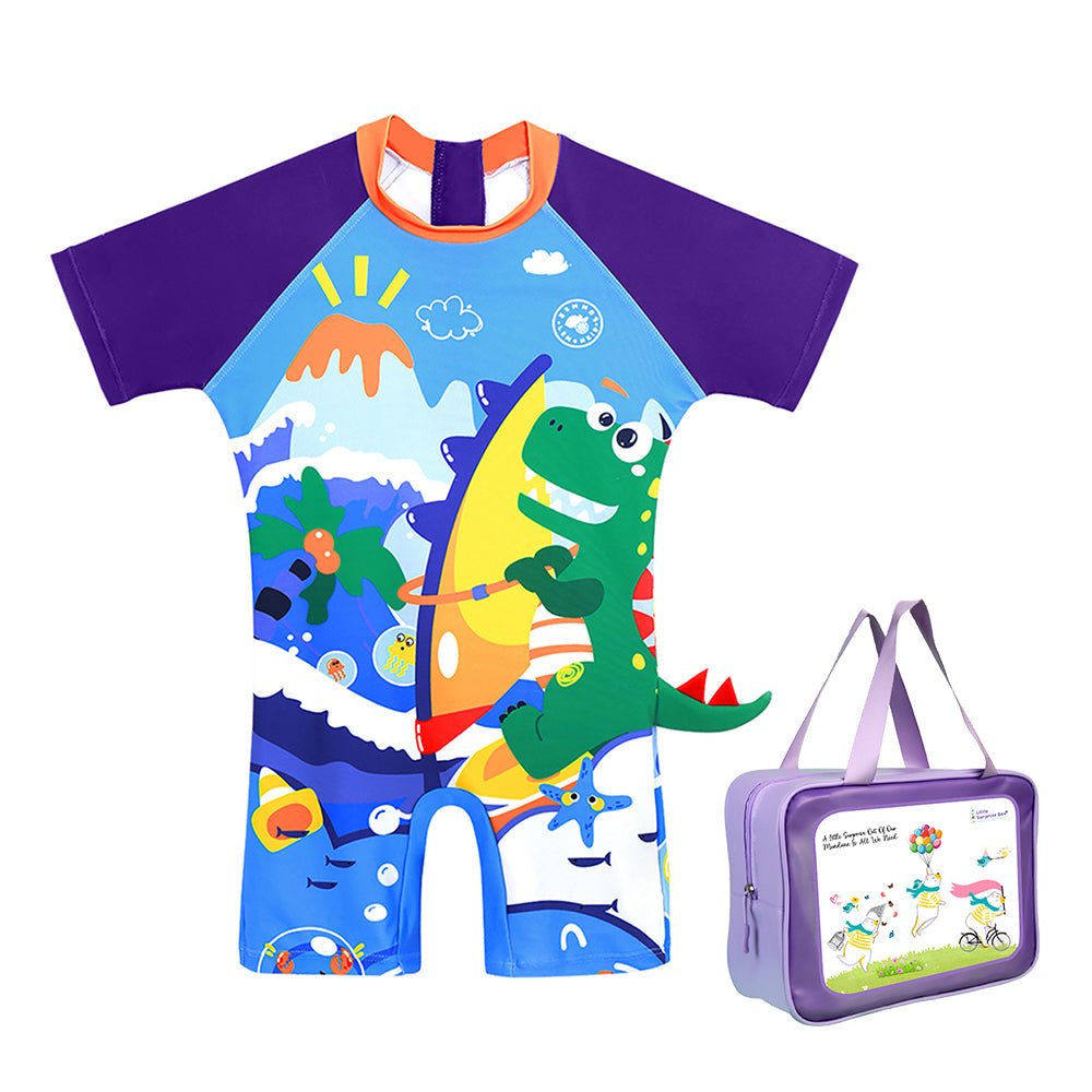 Blue Surfing Dino Printed Kids Knee Length UPF 50+ Swimwear With Free Washbag