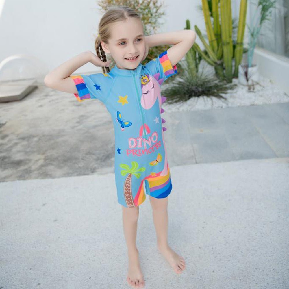 Blue Dino Princess Printed Kids Full Length UPF 50+ Swimwear