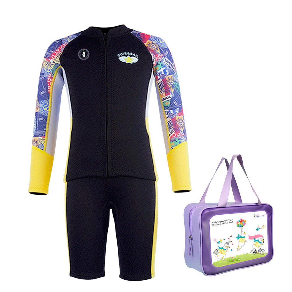 Purple & Teal Geometric Printed Kids Neoprene Full Length Swimsuit With Free Washbag