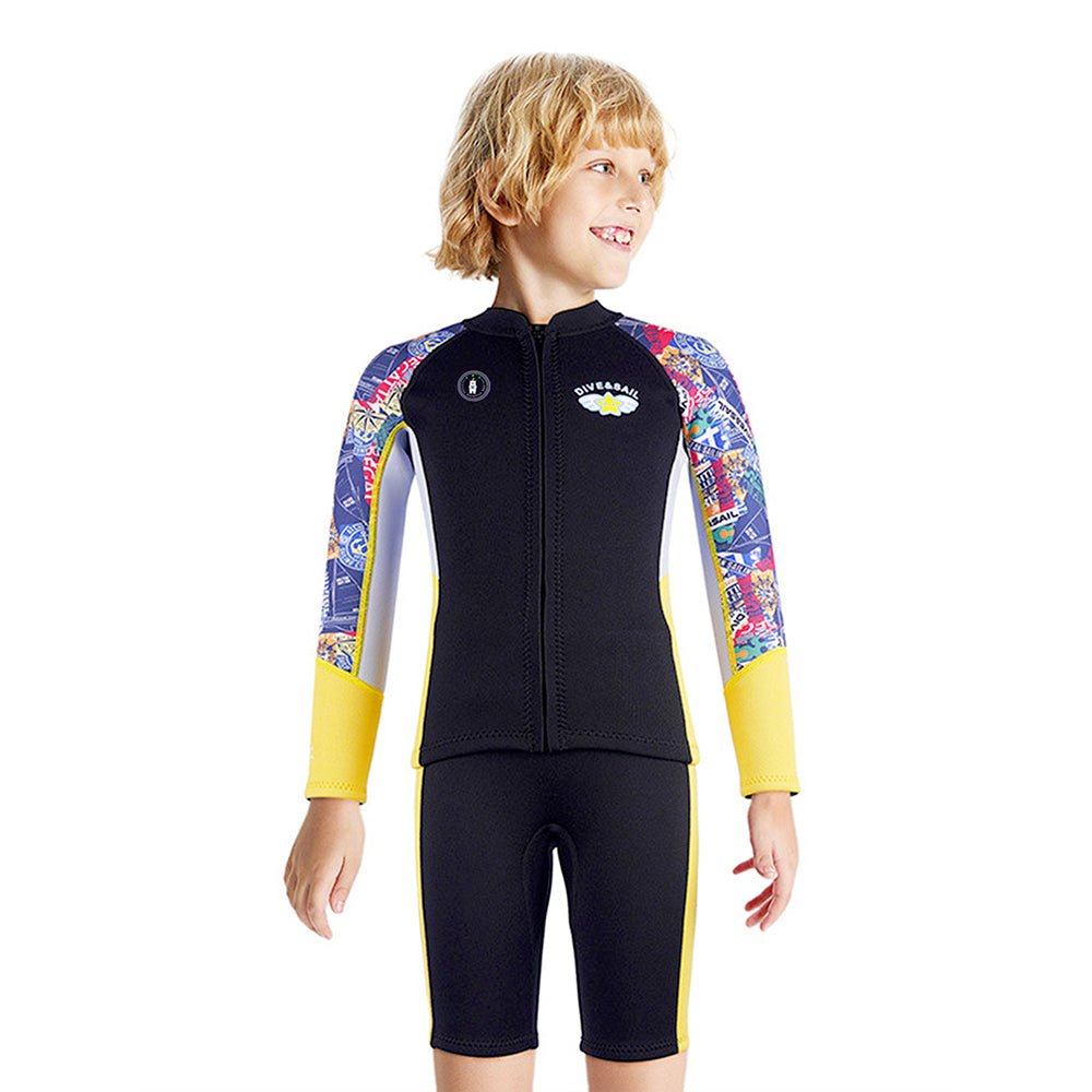 Purple & Teal Geometric Printed Kids Neoprene Full Length Swimsuit With Free Washbag