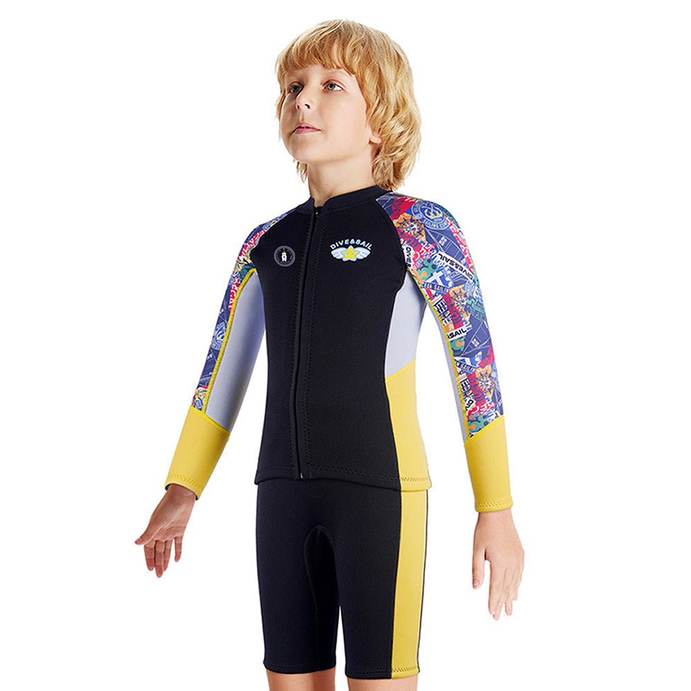 Purple & Teal Geometric Printed Kids Neoprene Full Length Swimsuit With Free Washbag