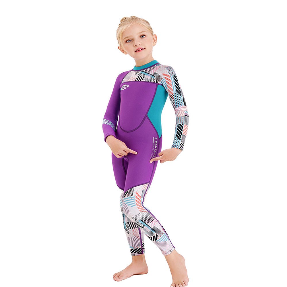 Purple & Teal Geometric Printed Kids Neoprene Full Length Swimsuit With Free Washbag