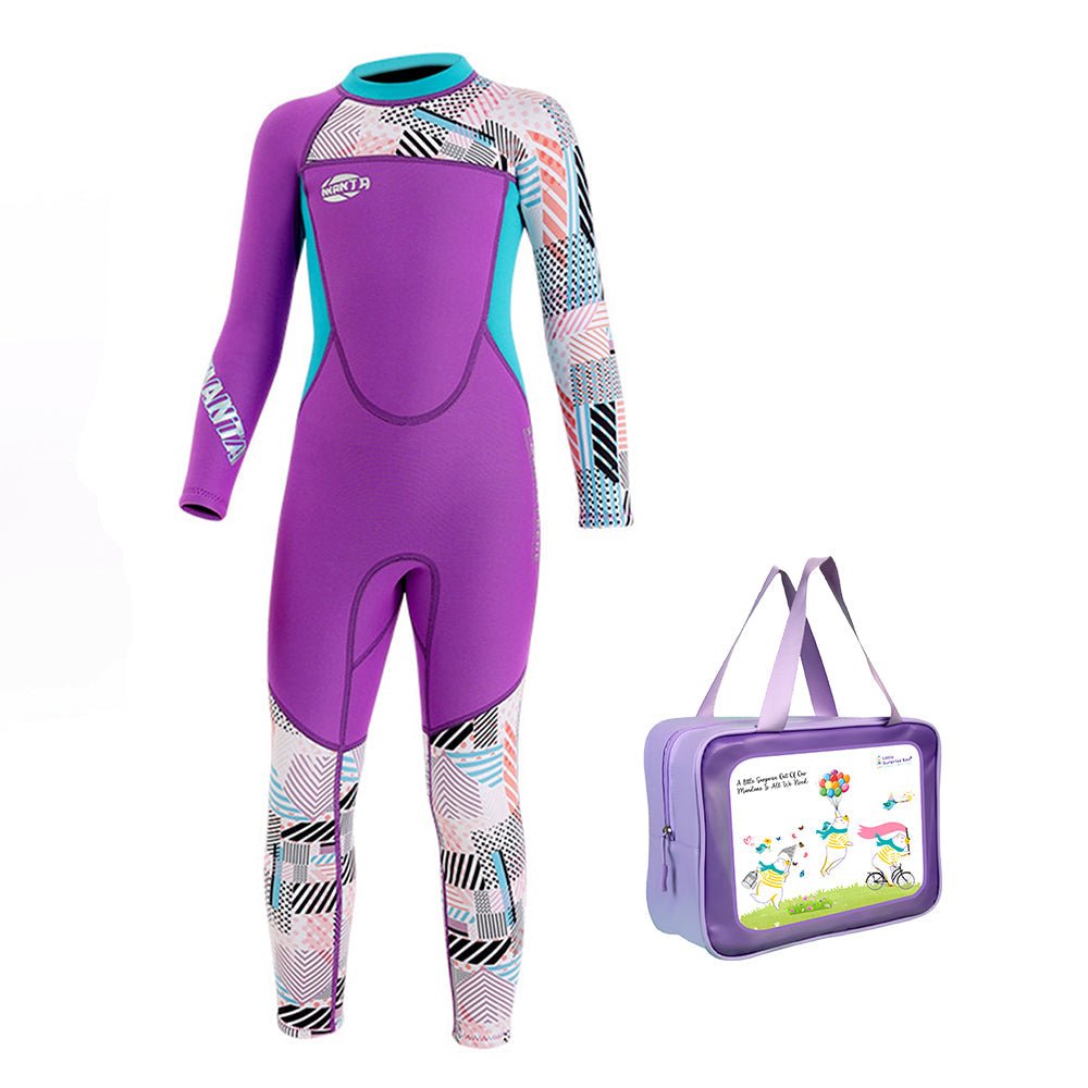 Purple & Teal Geometric Printed Kids Neoprene Full Length Swimsuit With Free Washbag