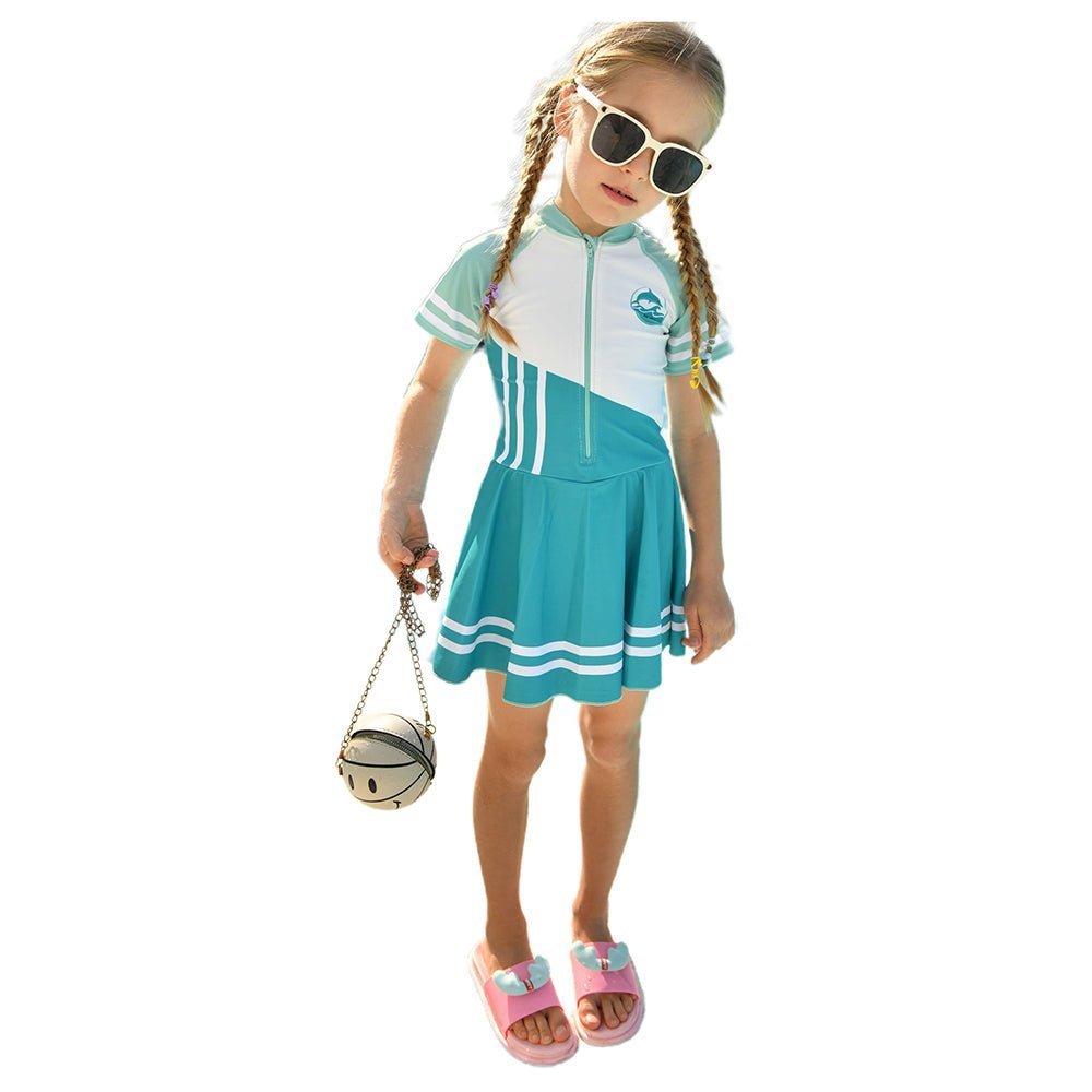 Green Color Block Printed Kids Frock Style UPF 50+ Swimwear