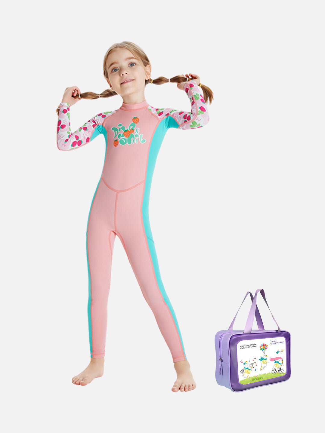 Pink Strawberry Printed Kids Full Length UPF 50+ Swimwear With Free Washbag