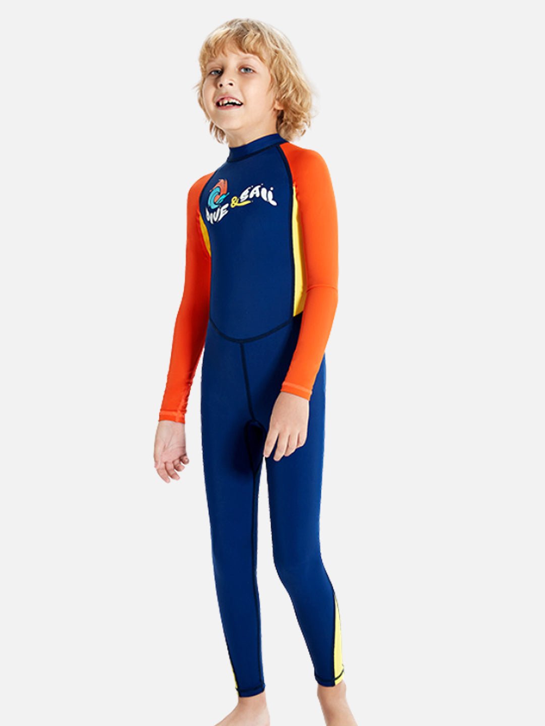 Navy and Orange Printed Kids Full Length UPF 50+ Swimwear