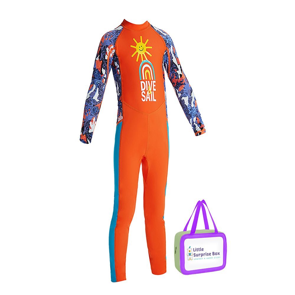 Bright Orange & Blue Sunshine Printed Kids UPF 50+ Full Length Swimsuit